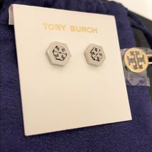 Authentic Tory Burch Silver Logo Stud Earrings